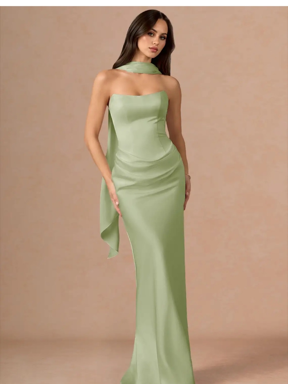 Azazie Strapless Sage Green Evening Gown with Neck Scarf